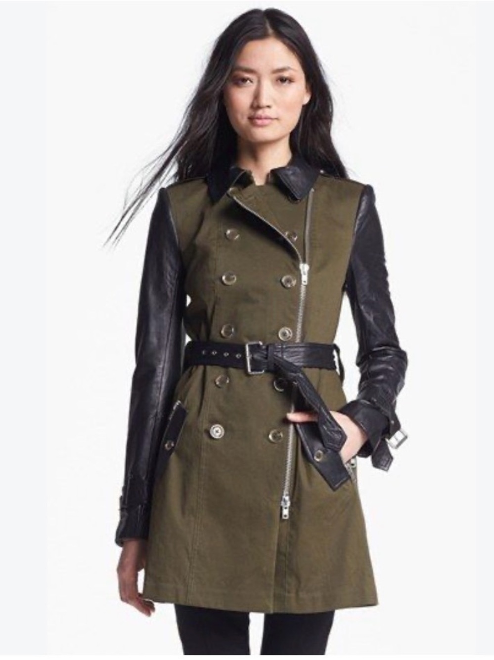Olive Green Trench Coat with Black Leather Sleeves